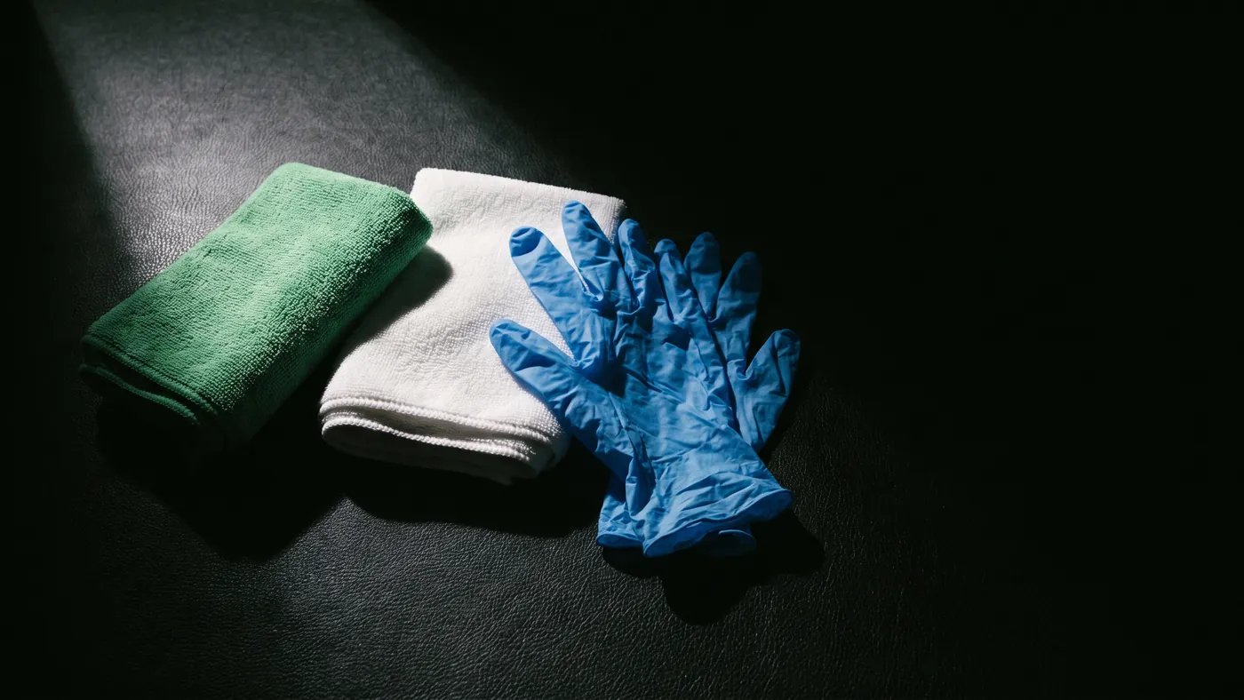A green microfibre applicator pad, a white cloth and blue nitrile gloves laid out on a black surface