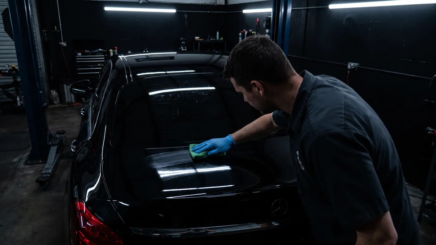 A technician working a microfibre applicator pad flat across the boot lid of a dark car in a bay