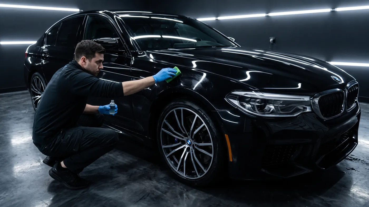 A technician applying ICON Rocklear to the front wing of a car with a microfibre applicator pad