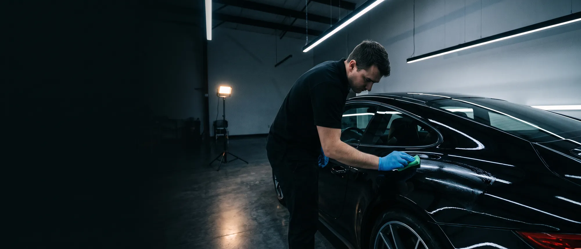 A technician applying ICON Rocklear along the flank of a gloss black car in a dark bay