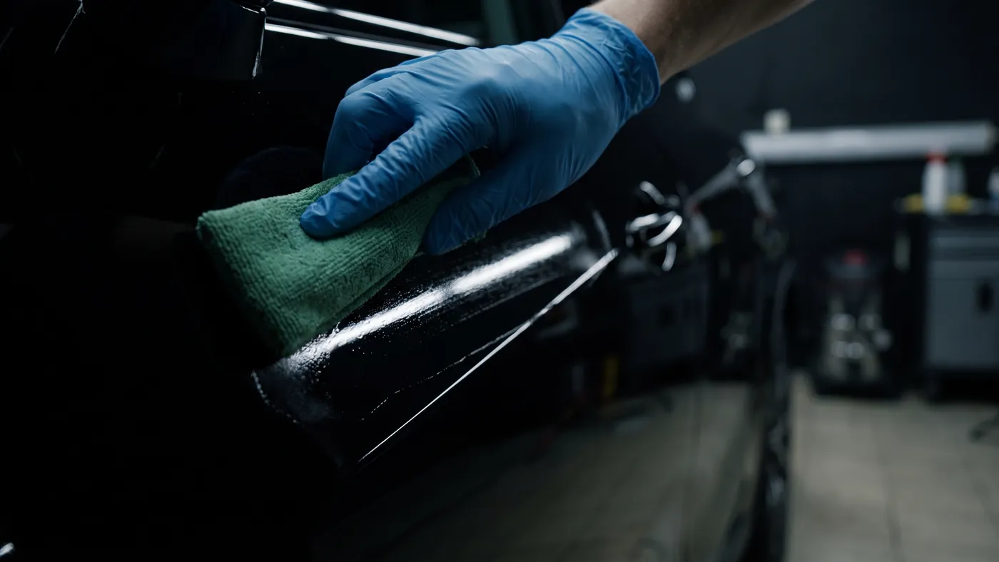 A gloved hand working the coating across gloss black paint with a green microfibre pad