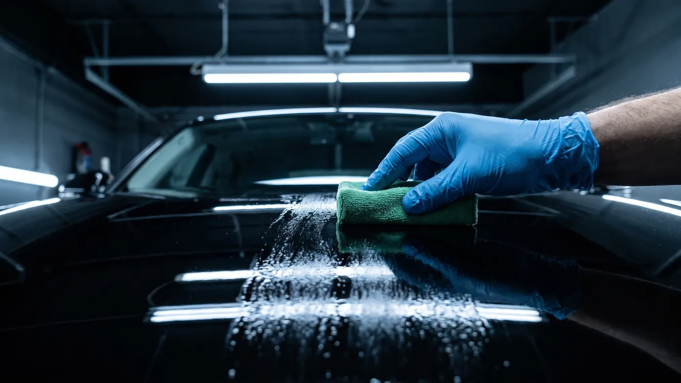 A gloved hand drawing a microfibre applicator pad across the black roof of a car, the coating spreading behind it