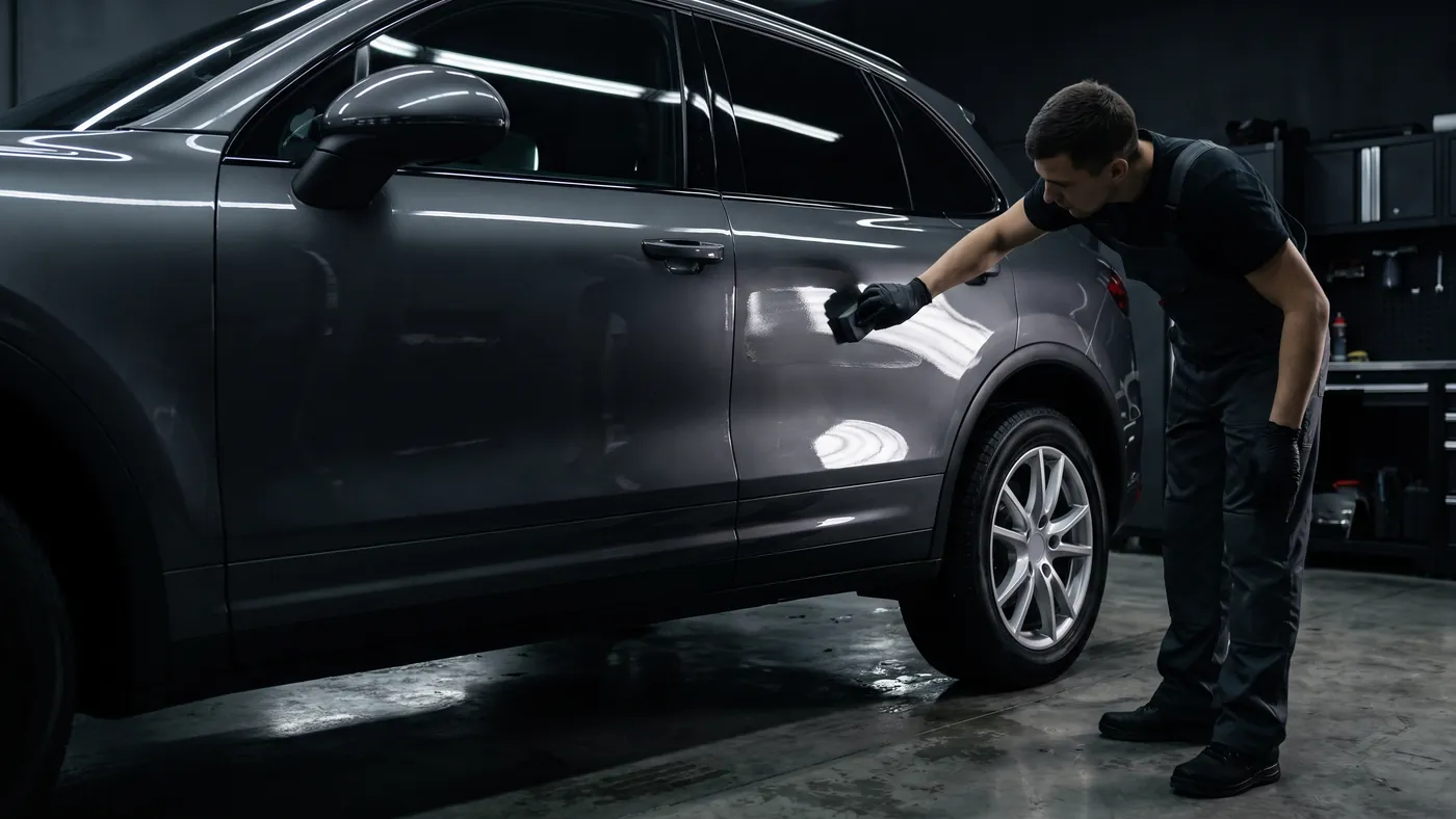 A technician drawing a coating applicator along the side of an SUV in a shop bay