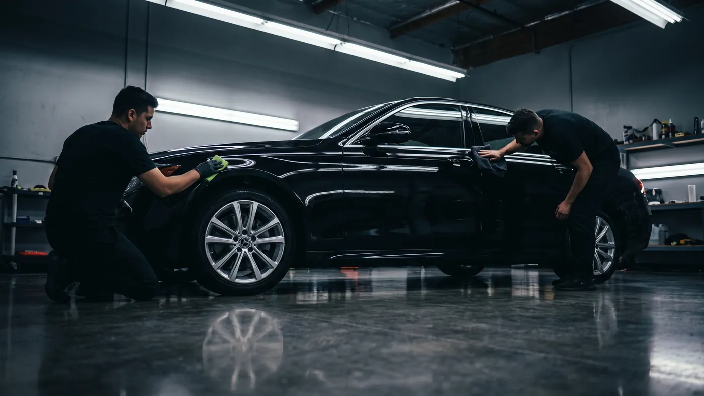Two certified technicians working the same dark car in an install bay, one with a microfibre applicator pad and one with a cloth