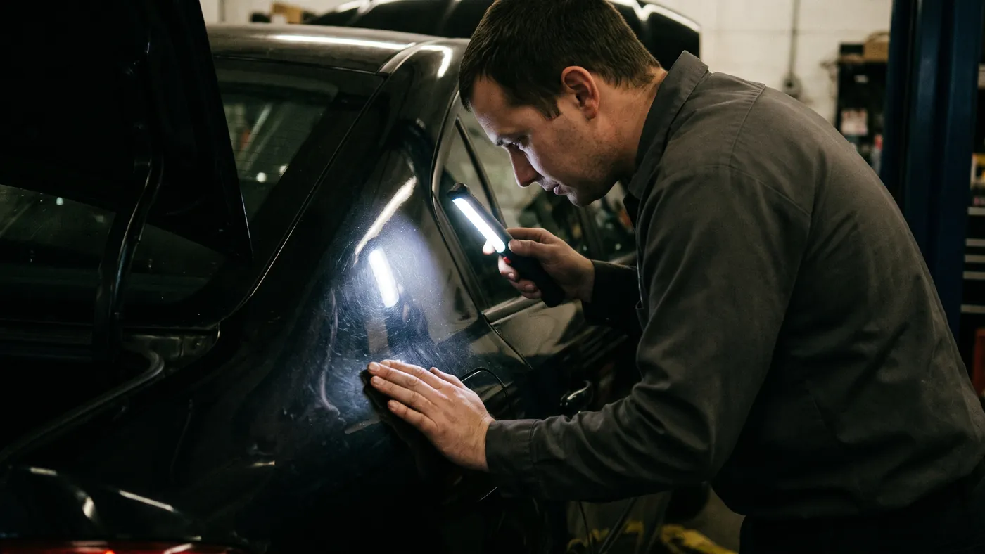 A technician raking a handheld inspection light across the coated quarter panel of a dark car