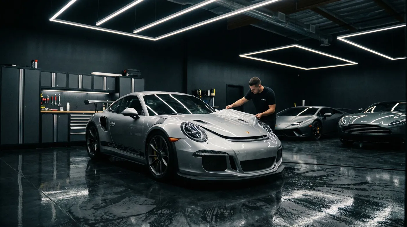 A technician working on the front wing of a car in a certified install bay