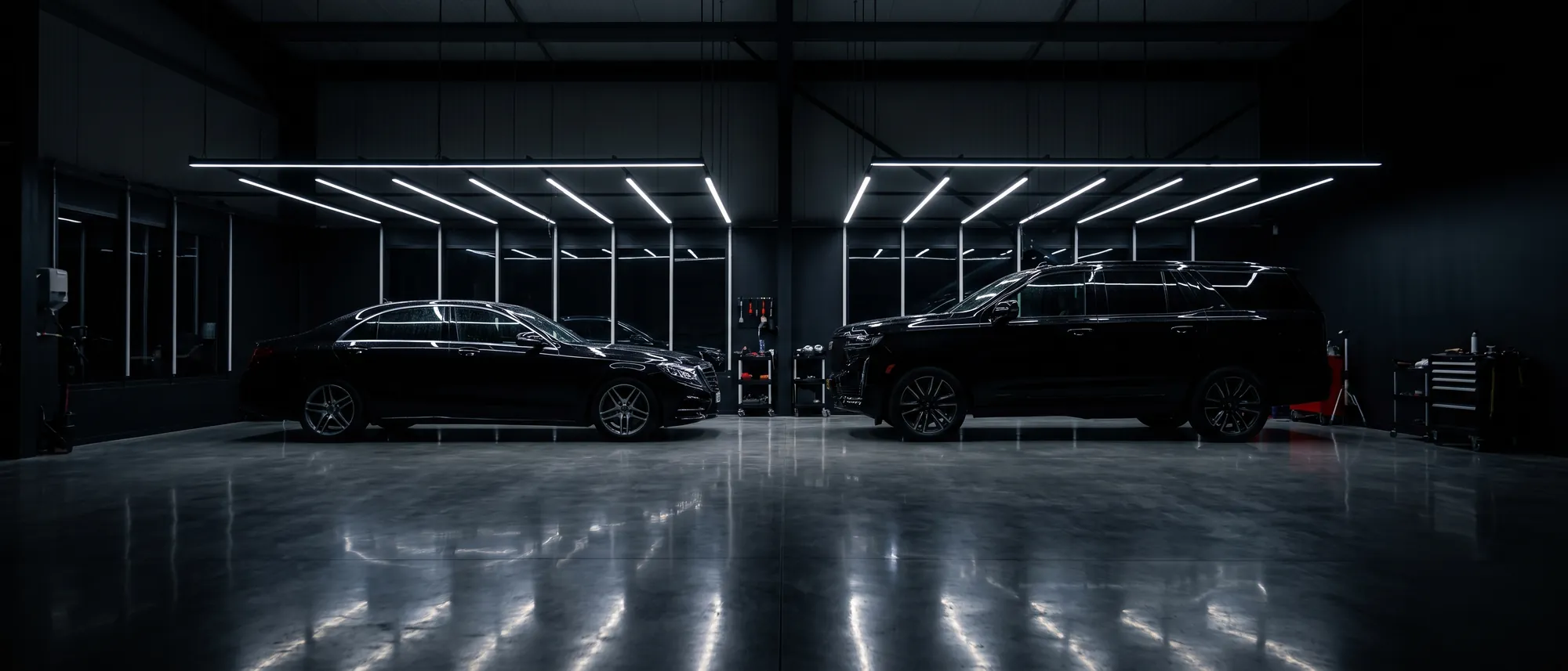 Two dark vehicles standing in adjacent certified bays under long ceiling light bars