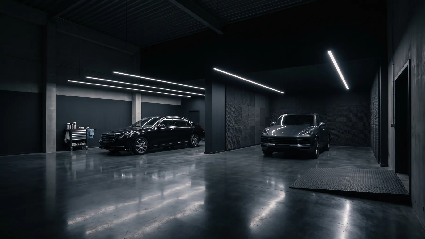 Two dark certified bays under linear ceiling light, a saloon standing in one and an SUV in the other