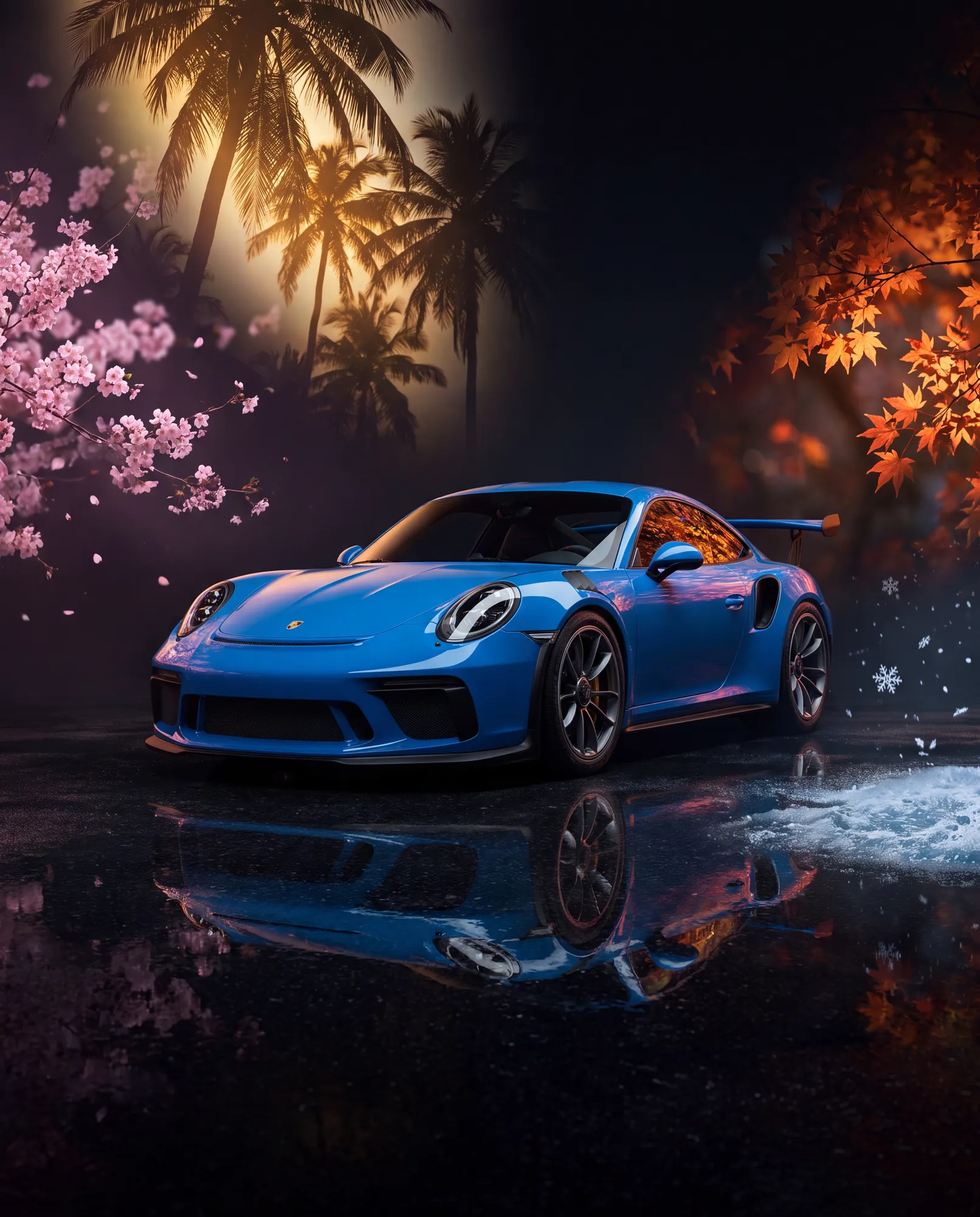 A blue Porsche 911 GT3 RS coated with ICON Rocklear, seen front three quarter and mirrored in wet asphalt against a four seasons backdrop