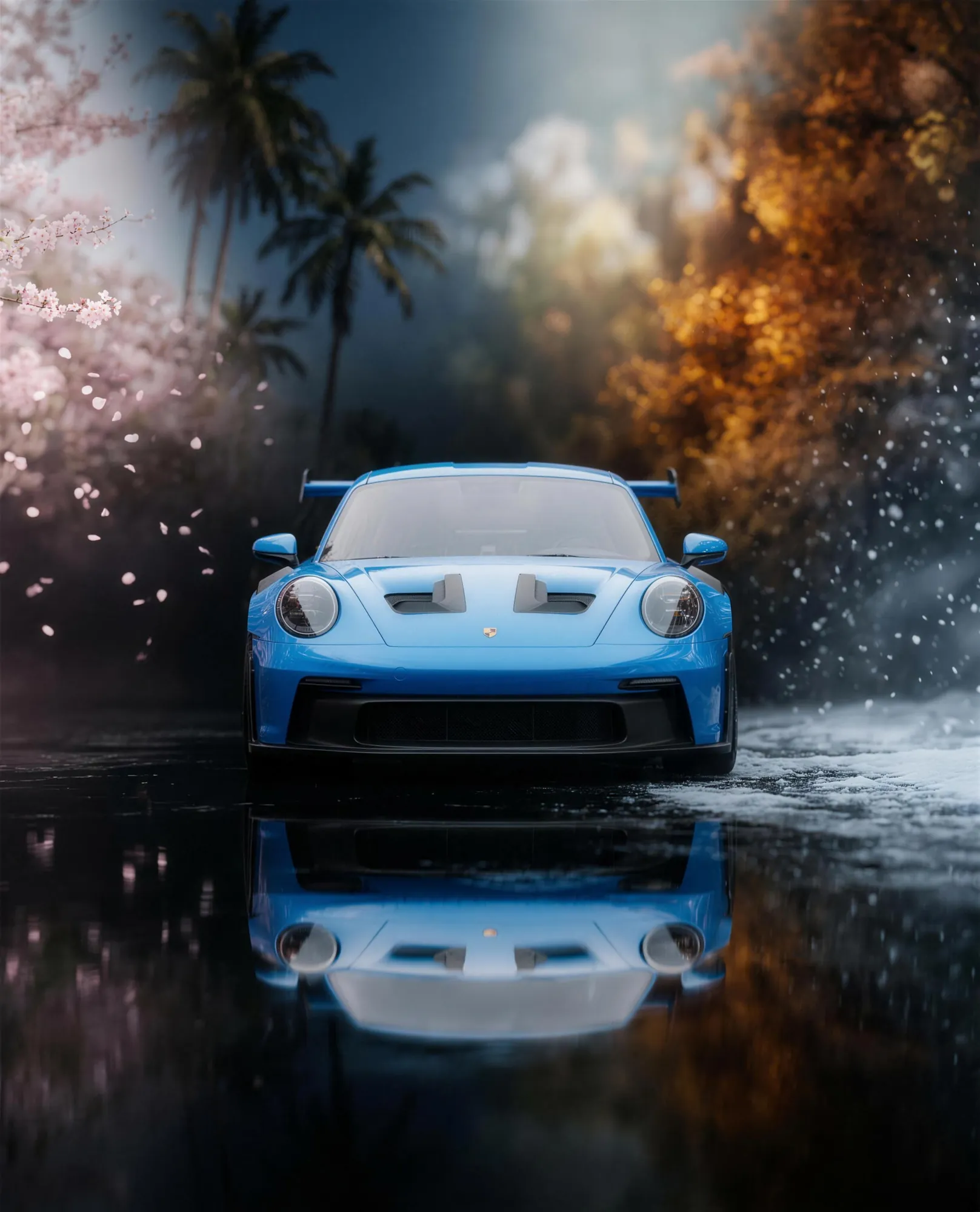 A blue Porsche 911 GT3 RS coated with ICON Rocklear, mirrored in wet asphalt against a four seasons backdrop