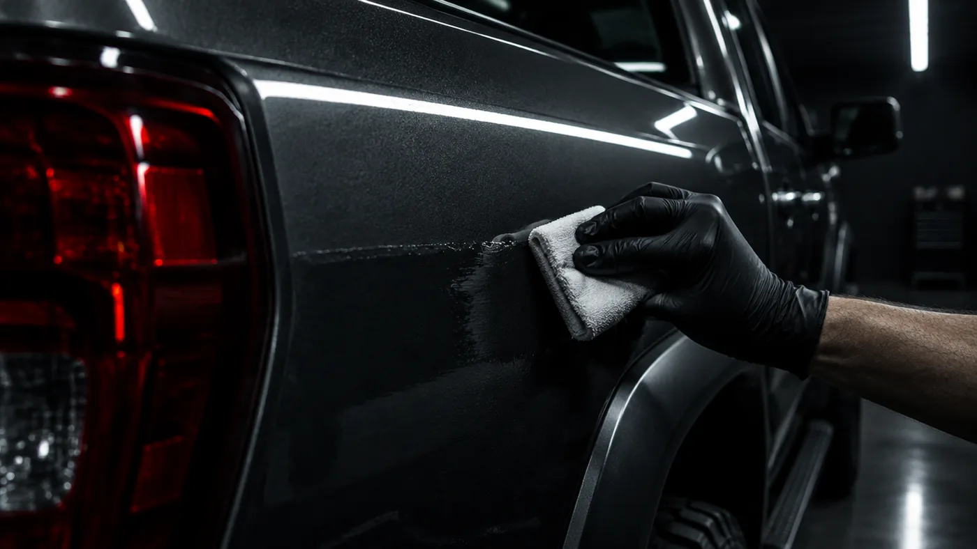 A gloved hand drawing a wet microfibre applicator pad across the rear quarter of a dark pickup, wet edge visible on the paint