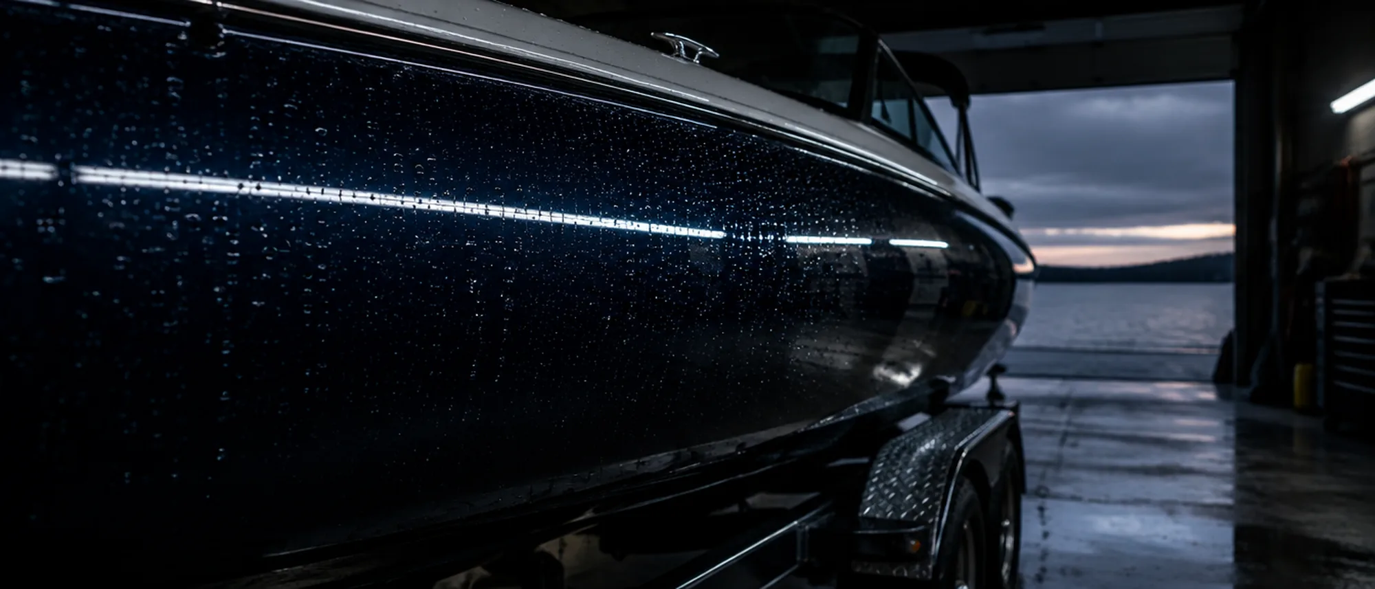 Water beaded across the dark navy gelcoat of a boat on its trailer, one long cool highlight down the hull