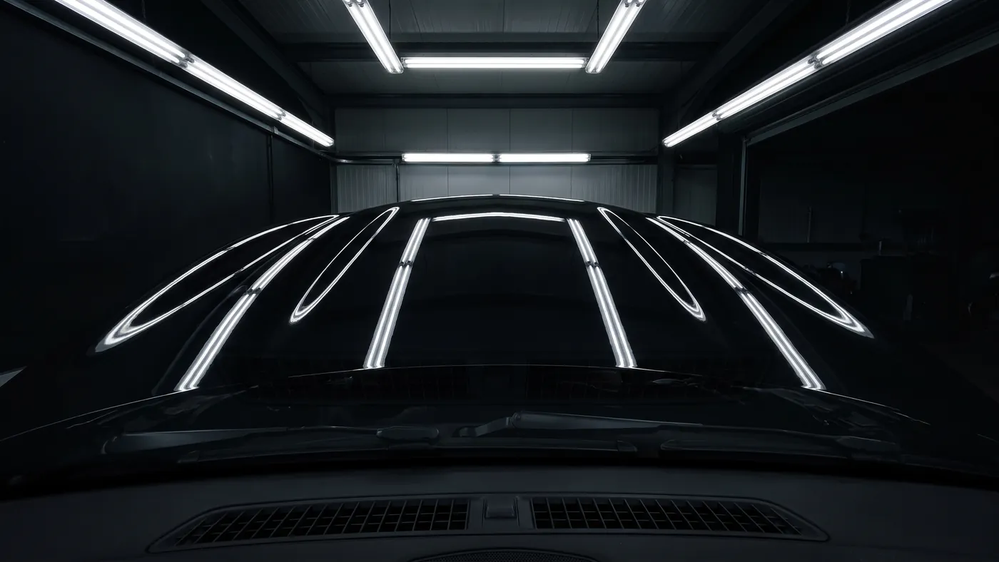 Ceiling light bars mirrored in the gloss bonnet of a coated car