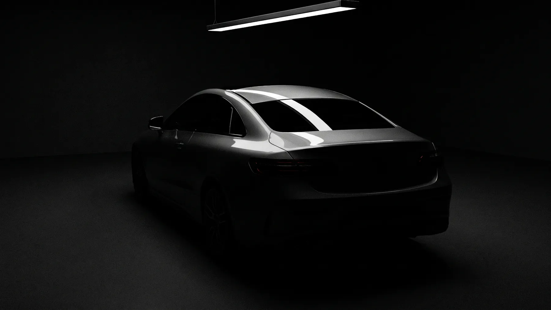 A dark coupe seen from directly behind, one strip light drawn across the boot lid