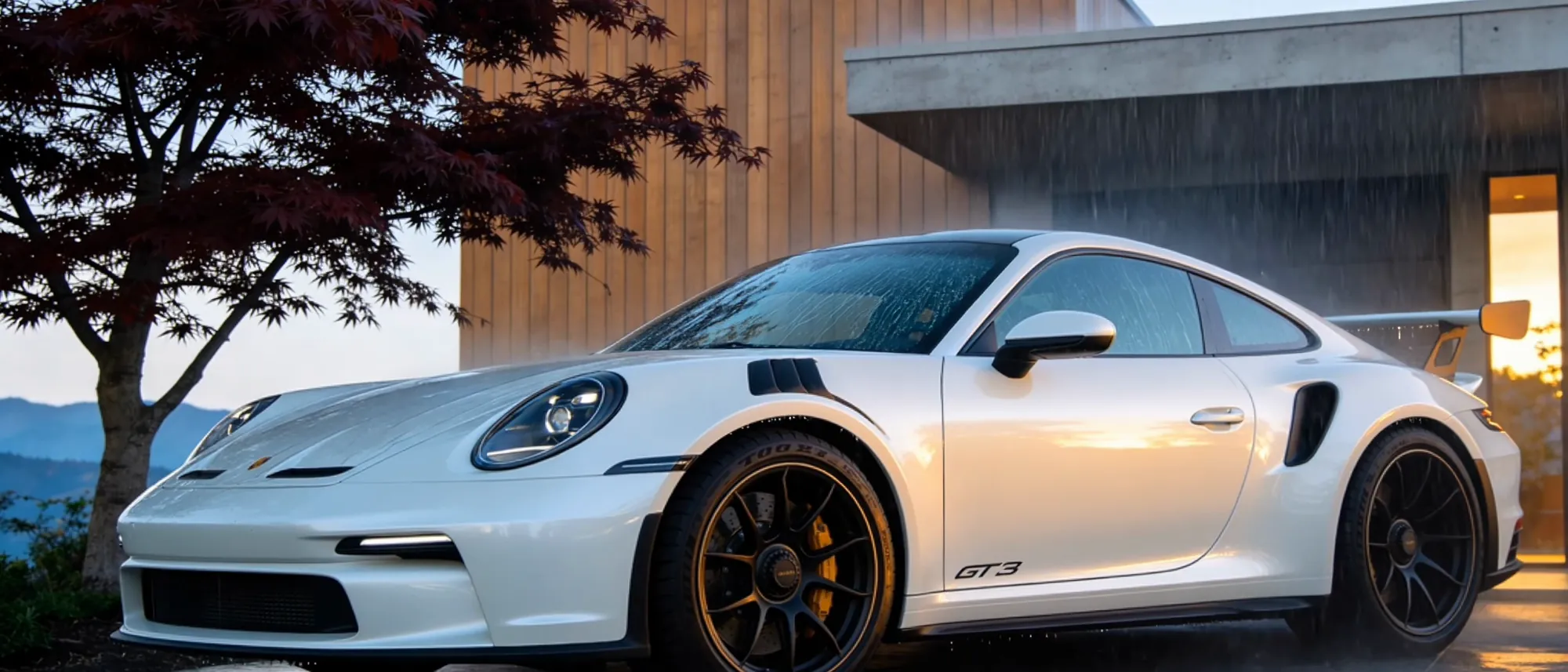 A finished sports car standing at dusk, the coated paint still holding the last light