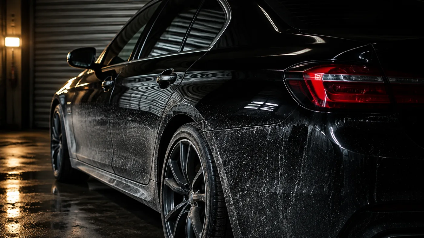 The rear quarter of a gloss black saloon in a dark workshop, the lower panel carrying a grey film of winter road spray above a still-glossy shoulder