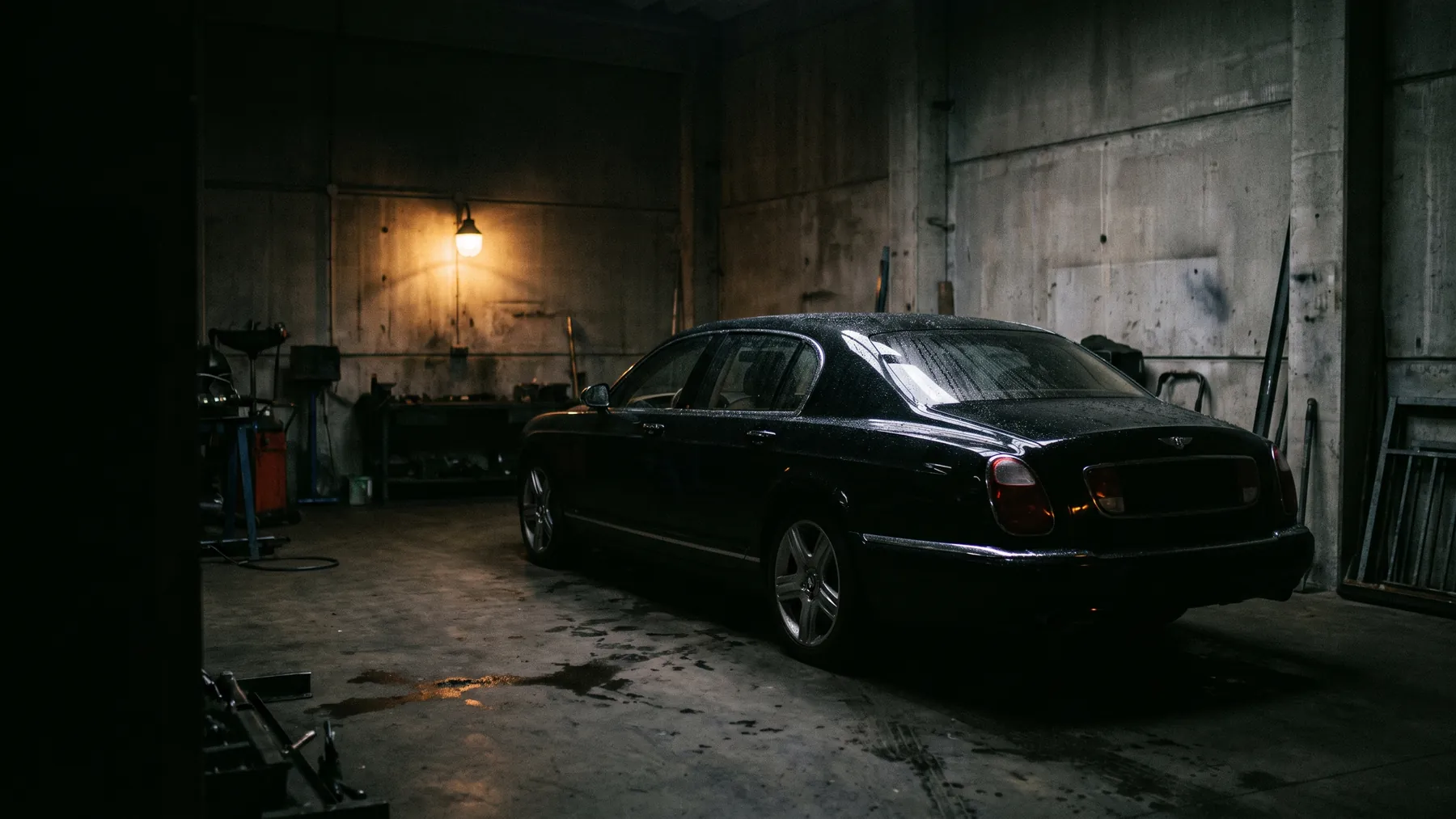 A black luxury saloon, three quarter rear, in a concrete workshop under one warm practical light