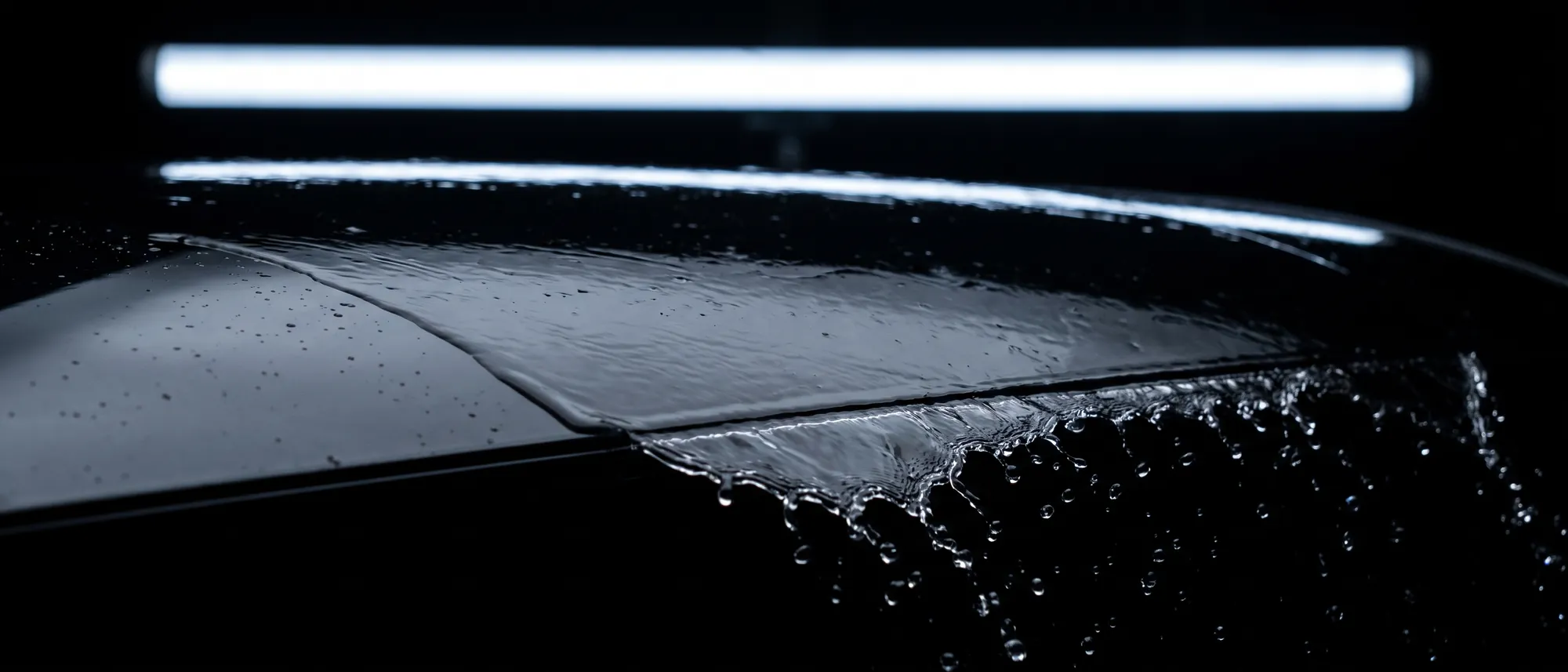 A sheet of water running clear off gloss black coated paint under one cool light bar