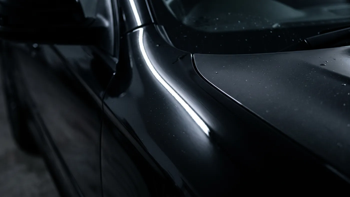 The front wing and pillar base of a coated car catching one hard highlight