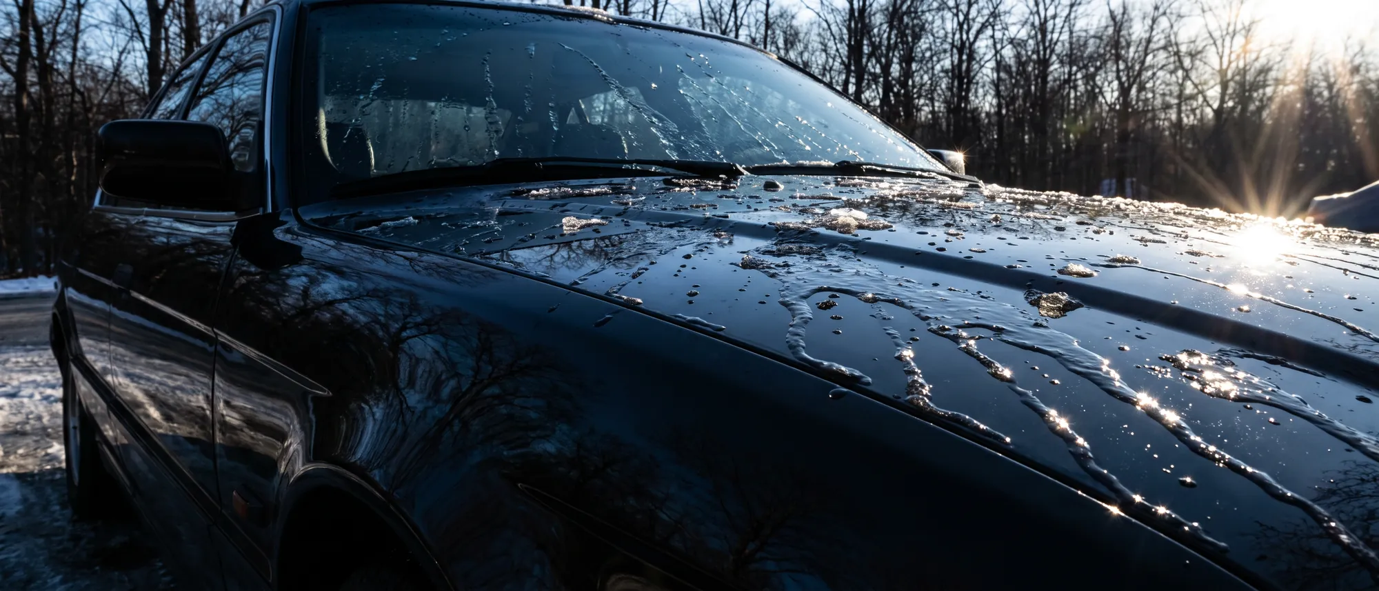 Melting ice sliding off the gloss black bonnet of a car in low winter sun