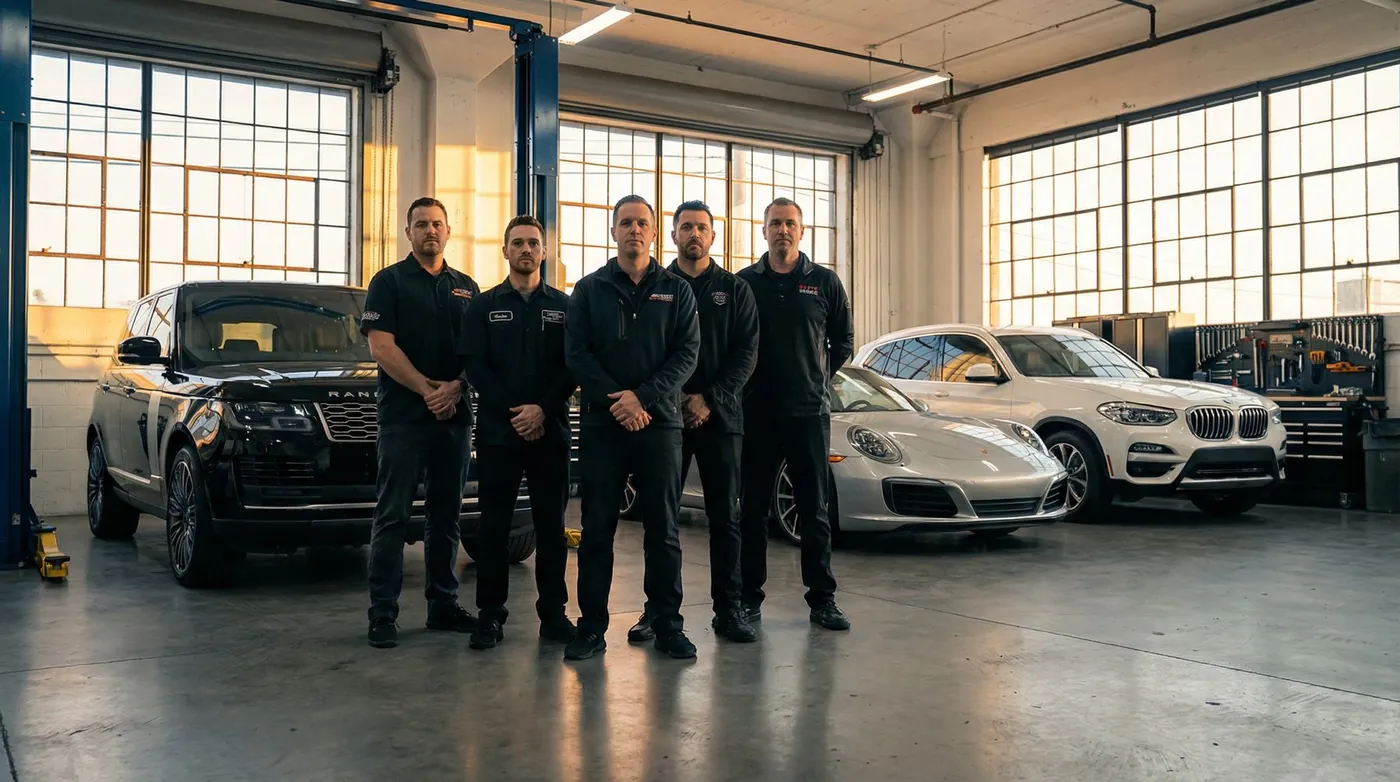 Five technicians in uniform standing in front of the bays they work in